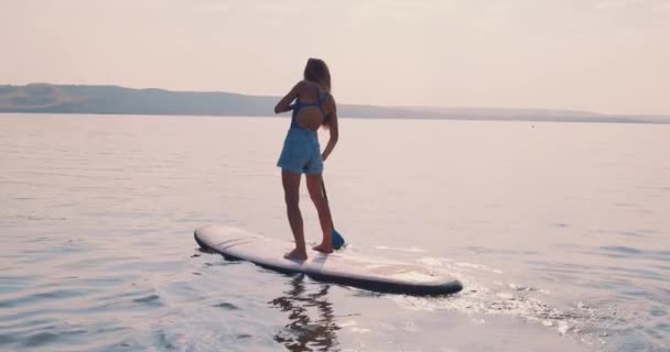 スリム陽気なフィット女の子Rowingオンスタンドアップパドルボードで静かな湖スローモーションリラックスした女性RowingオンアップボードとともにAarアクティブライフスタイル — ストック動画