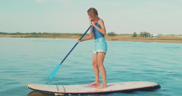 Belo Treinamento Esportista Paddle Board Lago Paisagem Natureza Incrível Fundo — Vídeo de Stock
