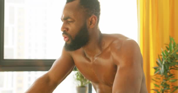 Tired Exhausted African American Man Wiping His Sweat Forehead Workout — Stock Video