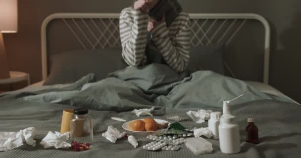 Young Red Haired Unwell Unhappy Woman Sitting Bed Feeling Cold — Stock Video