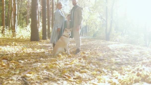 暖かい秋の日に公園に立つ幸せな家族の息子とペット秋の森の中を歩く子供と犬と一緒にゆっくりとした動き優しい笑顔の家族親戚と素晴らしい時間 — ストック動画