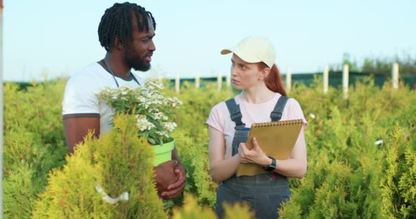 Афроамериканский Садовник Дает Советы Кавказской Рыжей Женщине Выращивать Растения Заботиться — стоковое видео