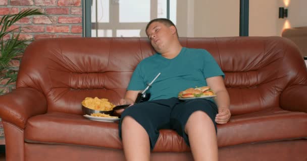 肥胖疲倦的男孩在看电视的时候睡着了 可爱的小女孩偷吃薯片 而她的哥哥却躺在沙发上慢动作 空余时间生活 — 图库视频影像