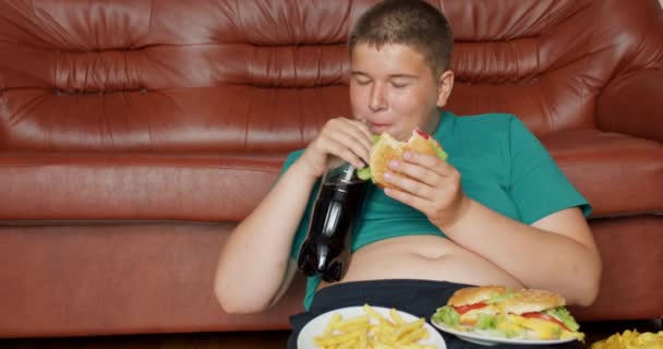 Толстый Подросток Ест Гамбергер Завтрак Человека Избыточным Весом Нездоровая Еда — стоковое видео