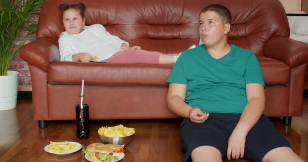 胖孩子们在电视前消磨时间 周末在家吃薯片慢动作 浪费时间 不健康的习惯 健康问题 — 图库视频影像
