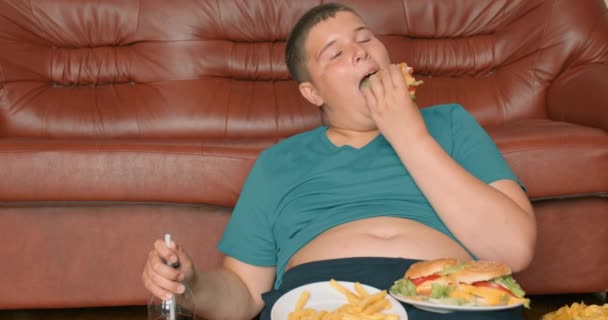 胖少年不能控制自己的体重 他一个人在家里客厅里吃垃圾食品 — 图库视频影像