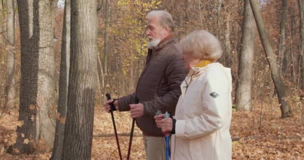 Abuelo Abuela Están Practicando Paseo Nórdico Otoño Cámara Lenta Pareja — Vídeo de stock