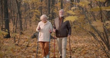 Yaşlı kadın ve erkek İskandinav yürüyüşü yapıyorlar. Kıdemli yaşlı kadın ve erkek parkta İskandinav sırıkla yürüyüş yapıyor. Yavaş çekim, olgun çift harika manzaranın tadını çıkarıyor. Doğa.