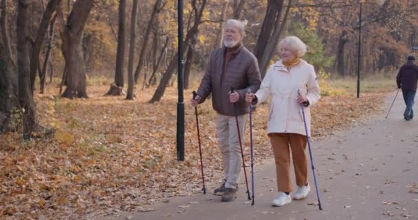 森でリラックスしたウォーキングポールを持つシニアカップル 自然のスローモーションで秋に一緒にハッピーシニアカップル 高齢者のための健康的なレジャー活動 リハビリテーション — ストック動画