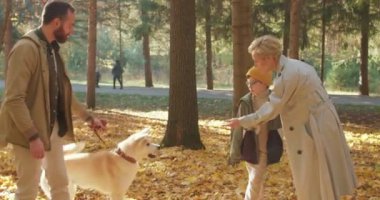 Beyaz bir aile parkta Akita köpeğiyle oynuyor. Onu eğitmek ve yönetmek. Ebeveynler ve oğulları evcil hayvanı besliyor, köpek zıplıyor ve yemek yiyor Yavaş çekim arkadaşlığı harika bir aile tatili