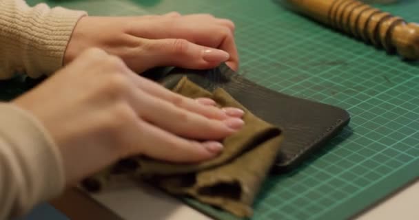 Female Tailors Hands Apply Oil Wallet Close Side View Shot — Stock Video