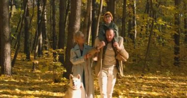 Mutlu bir aile ve güzel bir oğul, elinde tasmalı ve el ele tutuşmuş şirin bir Akita Inu köpeğiyle sonbahar parkında geziniyor. Güneşli bir gün. Harika bir ruh hali. Dışarıda, çocuk babanın omzuna oturur, tadını çıkar.