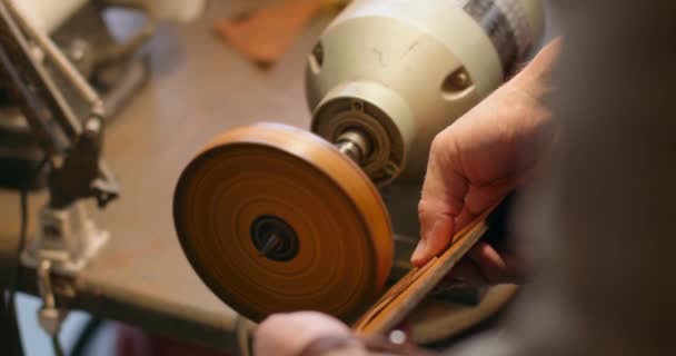 Craftsman Working Leather Polishing Wheels Workshop Slow Motion Male Hands — Stock Video