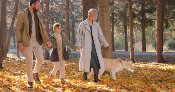 両親と子供はアクティブなライフスタイルをリードしています 秋の公園で秋田犬と一緒にハッピーファミリー散歩 家族とのアドベンチャーをお楽しみください 楽しさとアクティブなリラクゼーション スローモーション 素晴らしい週末 — ストック動画