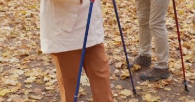 Harika yaşlı adam ve güzel olgun kadın konuşuyor, sırlarını paylaşıyor, sohbet ediyor, sonbahar parkında yürüyüşe çıkarken sohbet ediyorlar.