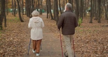 Yaşlı beyaz adam ve karısı şık paltolar giyip İskandinav usulü güzel sonbahar ormanlarında yürüyorlar.