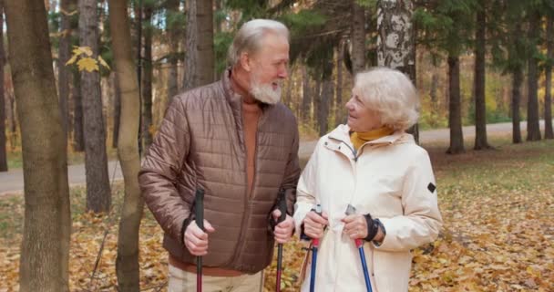 高齢者と美しい女性が秋の公園で互いを見つめあっている 幸せな結婚したカップルは 葉の落ちる道を歩いています 笑顔の恋人は 屋外で楽しんでいる スローモーション — ストック動画