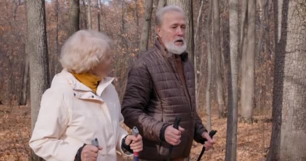 Due Anziani Che Imparano Camminare Con Pali Mattino Cardiovascolare Fitness — Video Stock