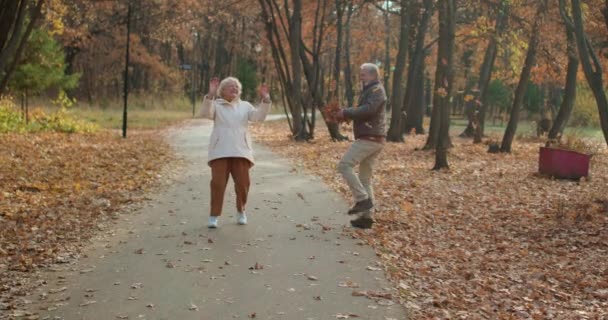 Zabawy Stary Para Cieszyć Spacery Śmiech Park Starszy Mężczyzna Niespodzianka — Wideo stockowe