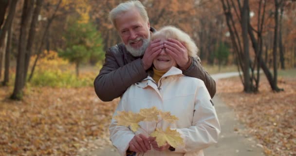 高齢のハンサムな男は 腕の遅い動きで彼女の目を閉じて公園に立っている彼の妻を驚かせ シニアカップルは一緒に過ごす時間を楽しんでいます アクティブなライフスタイル ロマンチックな瞬間を愛する — ストック動画