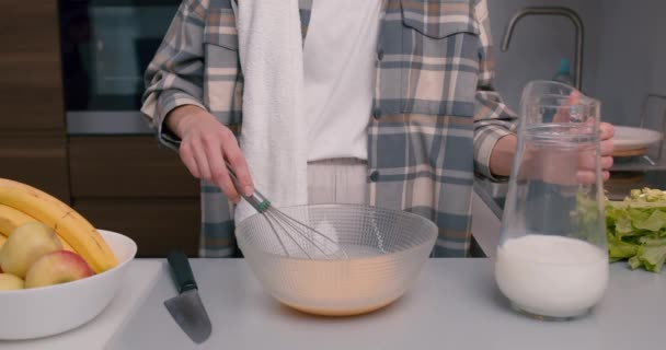 Young Woman Whisk Eggs Milk Girl Pour Milk Glass Bowl — Stock Video