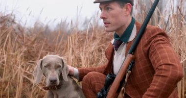 Bir adam sahada Weimaraner köpeğini okşar ve onu çok mutlu eder. Ağır çekimde aşk dostluğu, en iyi arkadaş. Başarılı bir iş için köpeğini okşayan bir erkek. Av mevsimi.