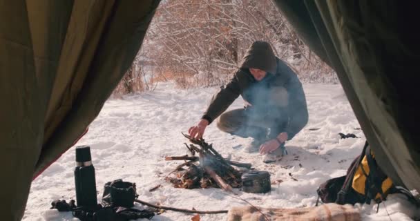 Genç Adam Kamp Alanındaki Kamp Ateşine Çubuk Ekliyor Aktif Yaşam — Stok video
