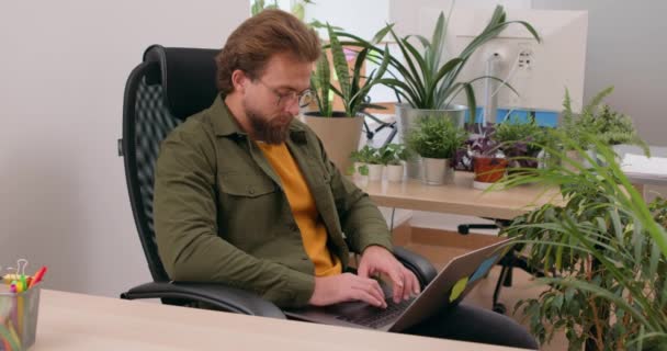 Homem Bonito Óculos Sentado Cadeira Com Laptop Joelhos Escritório Olhando — Vídeo de Stock