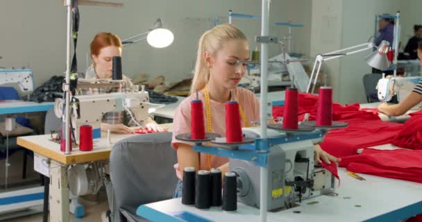 Zespół Utalentowanych Krawców Tworzy Kolekcję Strojów Młoda Projektantka Robi Sukienki — Wideo stockowe