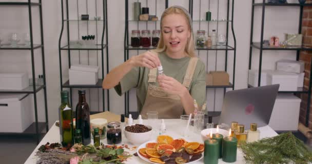Blonde Female Perfumer Selecting Proper Ingredients New Fragrance Slow Motion — Stock Video