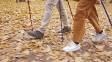 Aktif erkek ve dişi bacakları ormanda ağır çekimde yürüyor. Kesilmiş çekim ağır çekimde yakın çekim. Zindelik ve sağlık, spor