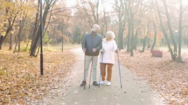 Yaşlı çiftler harika vakit geçirir, sonbahar ormanlarının güzelliğine hayran olurlar. Yavaş çekim. Sonbahar kıyafetleri içinde yaşlı adam ve kadın şehir parkında birlikte yürürler..