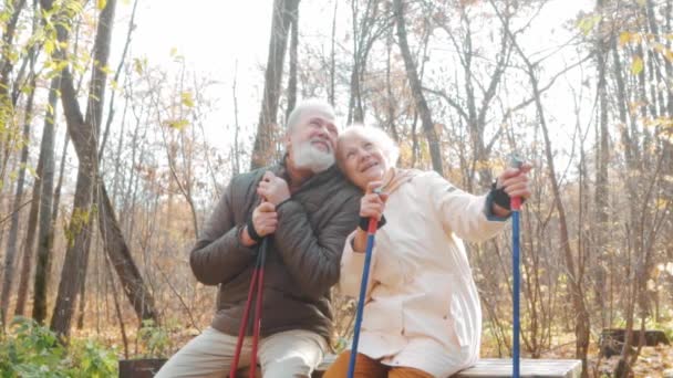 Szczęśliwy Senior Para Korzystających Spędzając Czas Siedzi Ławce Dostaje Przyjemność — Wideo stockowe