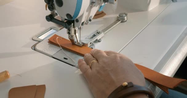 男工在缝纫机上缝制男子皮带 — 图库视频影像