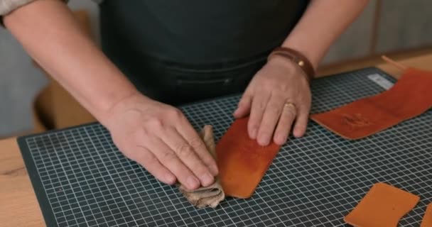 Old Professional Artisan Holding Leather Cloth Wiping Leather How Care — Stock Video
