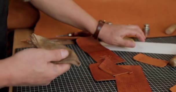 Male Hands Smoothing Surface Leather Product Close Cropped Shot Slow — Stock Video