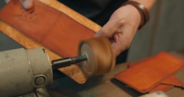 Mature Tailor Hands Making Perfect Edge Leather Close Cropped Side — Stock Video