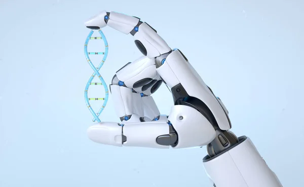 Robô Andróide Mão Segurando Dna Cibernético Ilustração — Fotografia de Stock