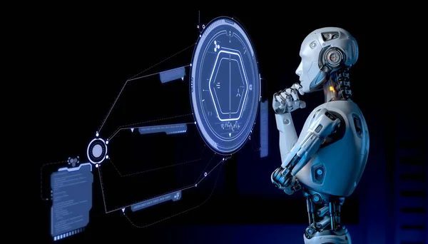 Roboten Står Foran Futuristisk Brukergrensesnitt Illustrasjon – stockfoto