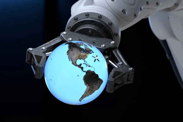 High Tech Robotic Arm Holding Globe Orbiting Satellite Its Grip — Zdjęcie stockowe