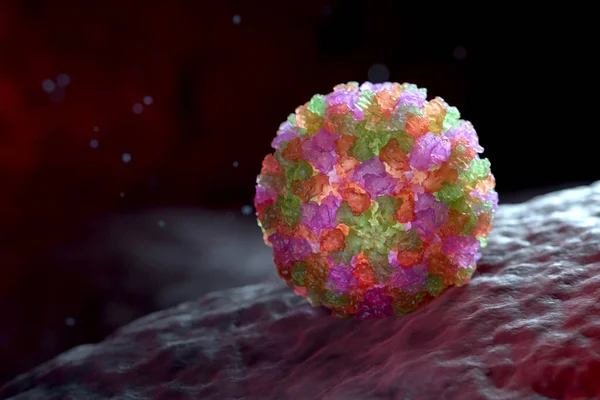 单个Norovirus Virion的3D图形表示 不同的颜色代表了生物体外层蛋白质壳或衣壳的不同区域 3D插图 — 图库照片#