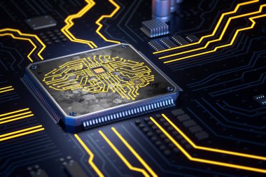 Bilgisayar devresi soketi insan beyni şeklinde. 3d illüstrasyon