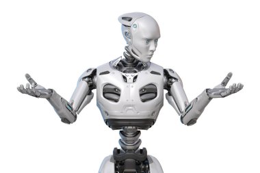 Robot eline bakıyor. 3B illüstrasyon