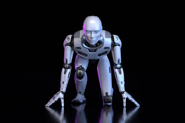 机器人站在黑暗背景下的起始位置上 3D插图 — 图库照片