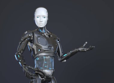 İnsan gibi konuşan ve el kol hareketi yapan bir robot. 3B illüstrasyon
