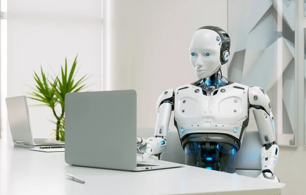 Humanoidní Robot Pracuje Kanceláři Notebooku Umělé Inteligenci Obchodní Automatizační Koncepci — Stock fotografie