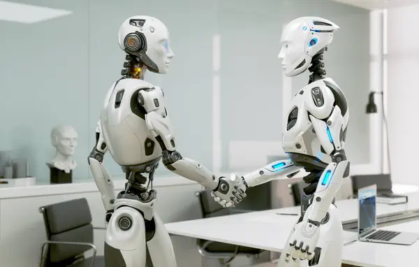 Robot is shaking hand with another one in an office