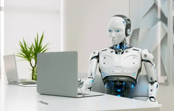 Robot Humanoide Trabaja Una Oficina Ordenador Portátil Inteligencia Artificial Negocio Imágenes De Stock Sin Royalties Gratis