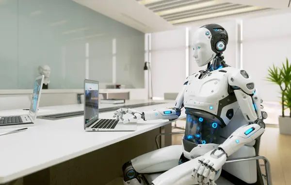 Android Robot Sitter Ved Skrivebordet Jobber Kontoret Kunstig Intelligens Forretnings stockfoto