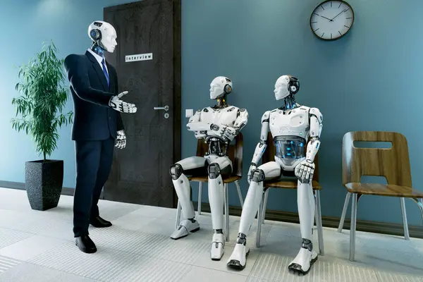 人工智能机器人坐在那里等待求职面试 3D说明 — 图库照片#